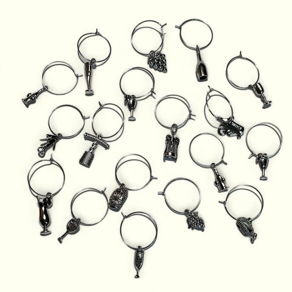 Silver Wine Themed Pendant Stemware Drink Charms Markers Set of 6 Assorted - Picture 6 of 6